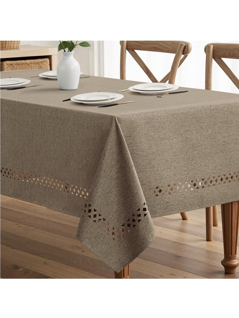 NEW MIULEE Khaki Rectangle Linen Polyester Tablecloth with Decorative Cutouts